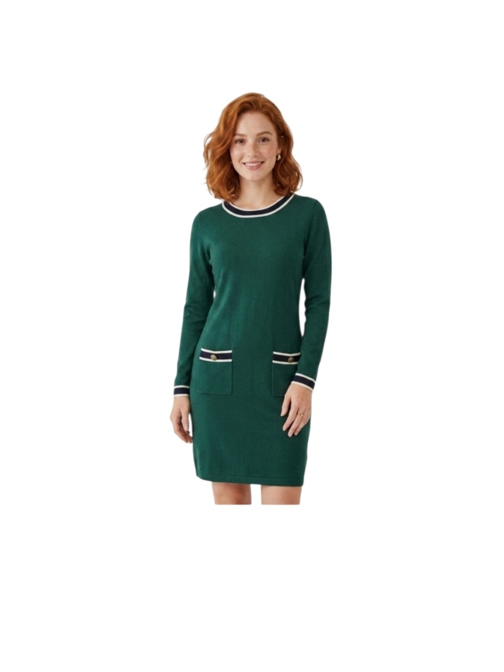 Boden Holly Knitted Emerald Night Green Contrast Trim Sweater Shift Dress - 10P